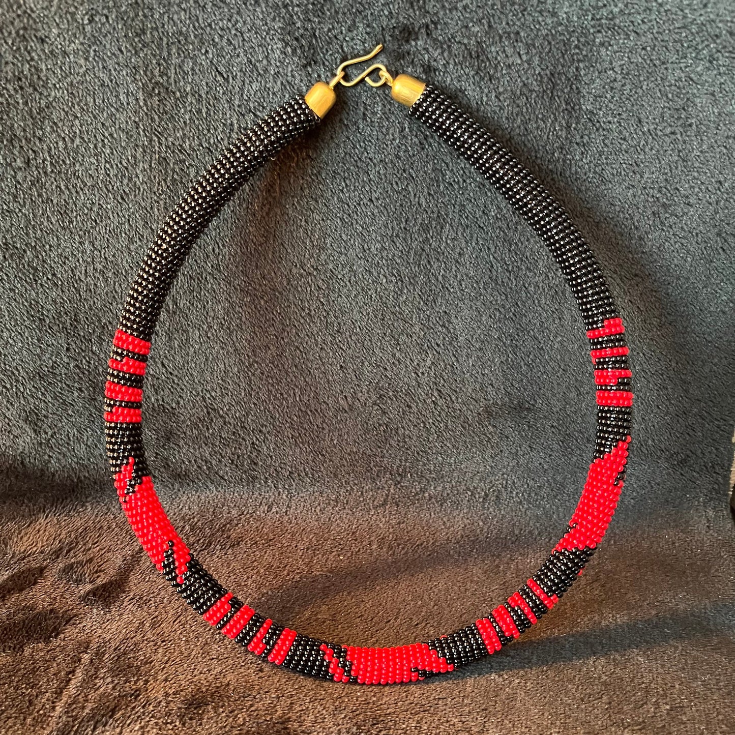 African Maasai Beaded Tribal Choker, Black and Red Tribal NCK-2907