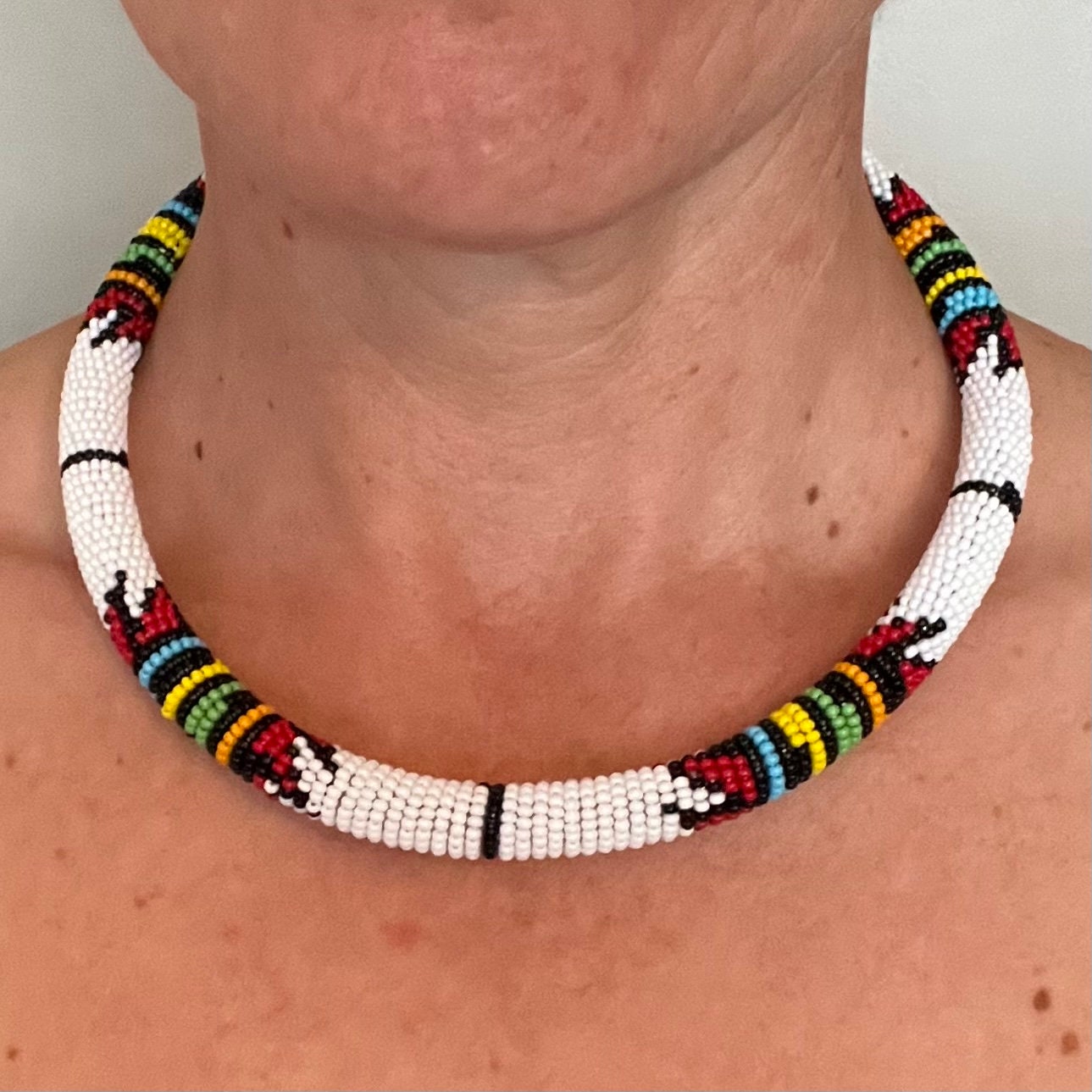 African Maasai Beaded Choker, White Tribal NCK-2909