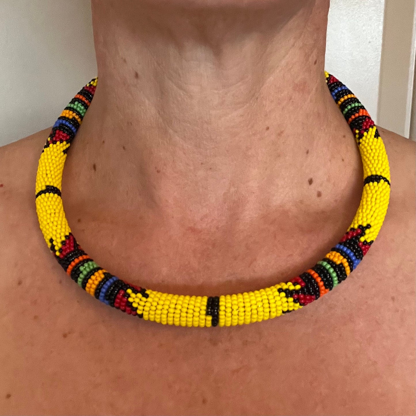 African Maasai Beaded Choker, Yellow Tribal NCK-2911