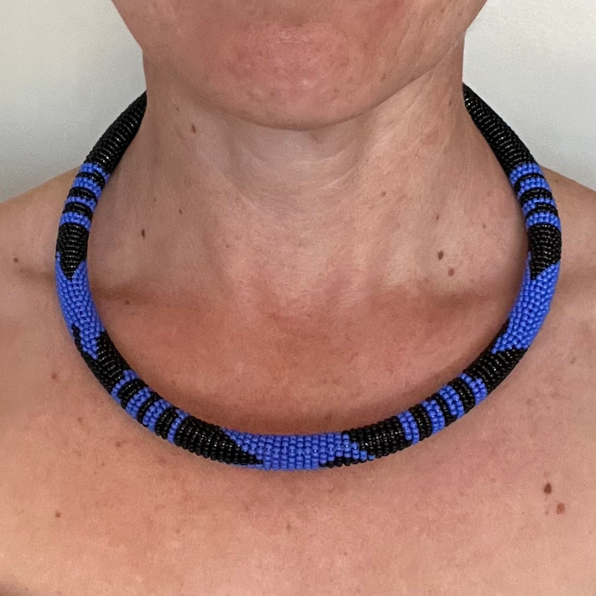 African Maasai Beaded Choker, Black and Blue Tribal NCK-2916