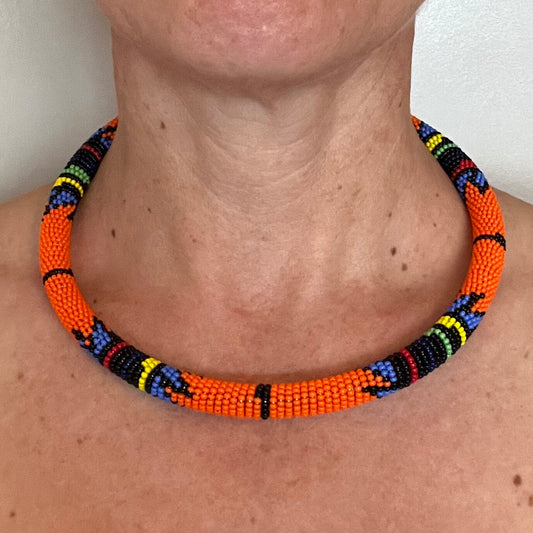 African Maasai Beaded Choker, Orange Tribal NCK-2904