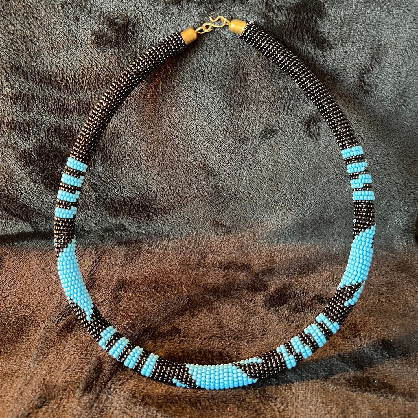 African Maasai Beaded Choker, Black and Blue Tribal NCK-2917