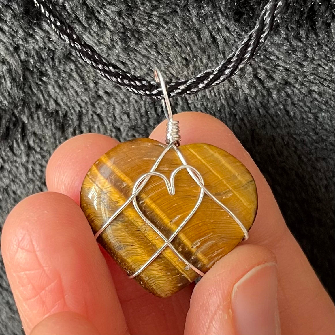 Tiger Eye Heart Wire Wrapped Necklace, Silver Tone NCK-2943