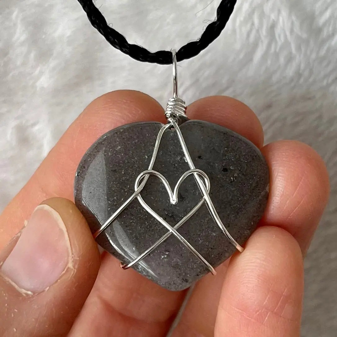 Gray Agate Heart Wire Wrapped Necklace, Silver Tone NCK-2946 Shop Wholesale Crystals