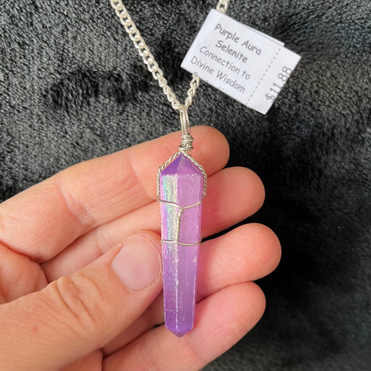 Purple Selenite Point Wire Wrapped Necklace NCK-2949