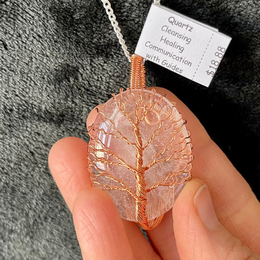  Fancy copper wire wrapped clear quartz oval stone pendant attatched to a silver chain