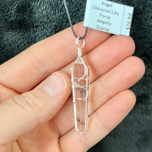 wire wrapped clear quartz vogel pendant attatched to an adjistable black cord.