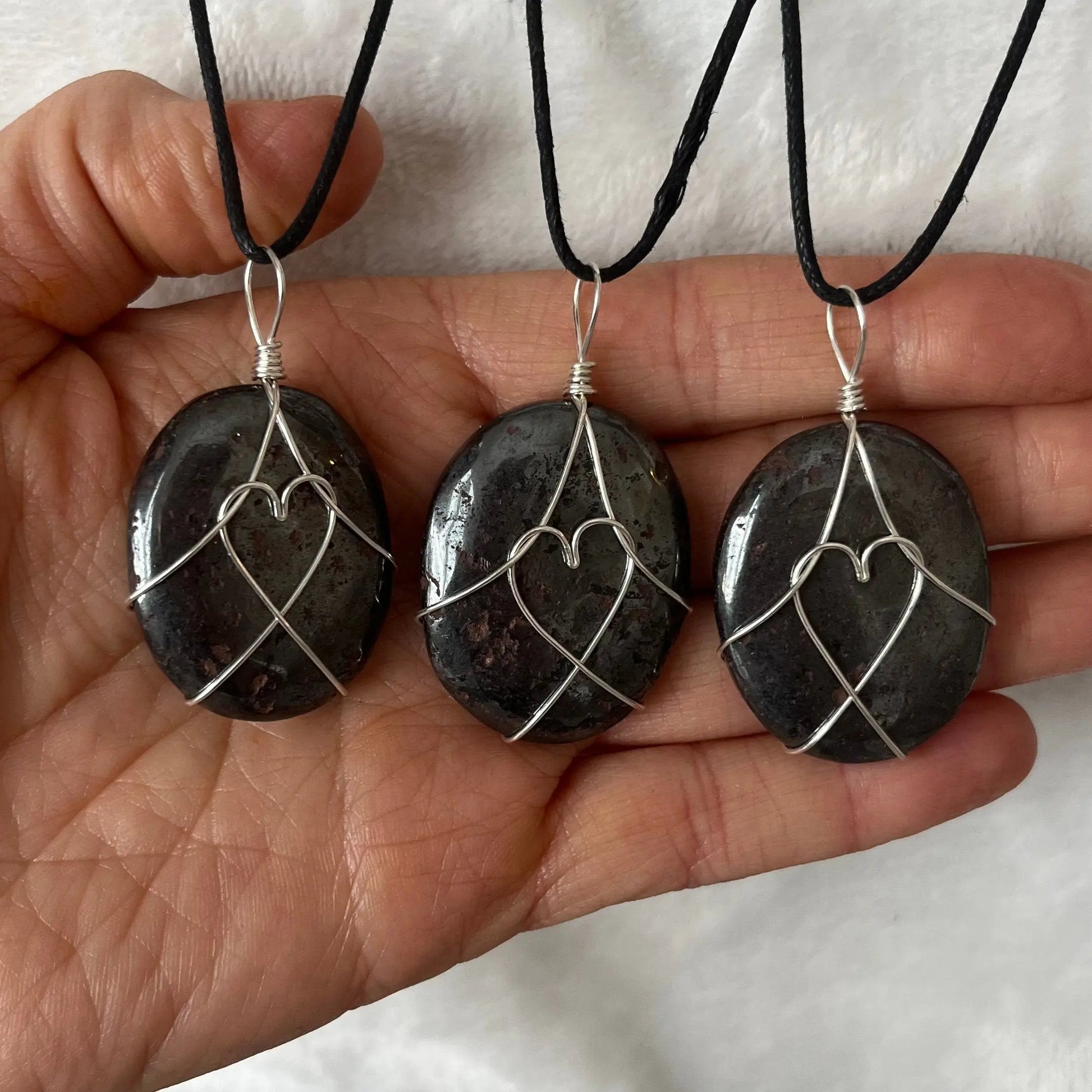 Hematite Worry Stone Wire Wrapped Necklace with Heart NCK-2979 Shop Wholesale Crystals