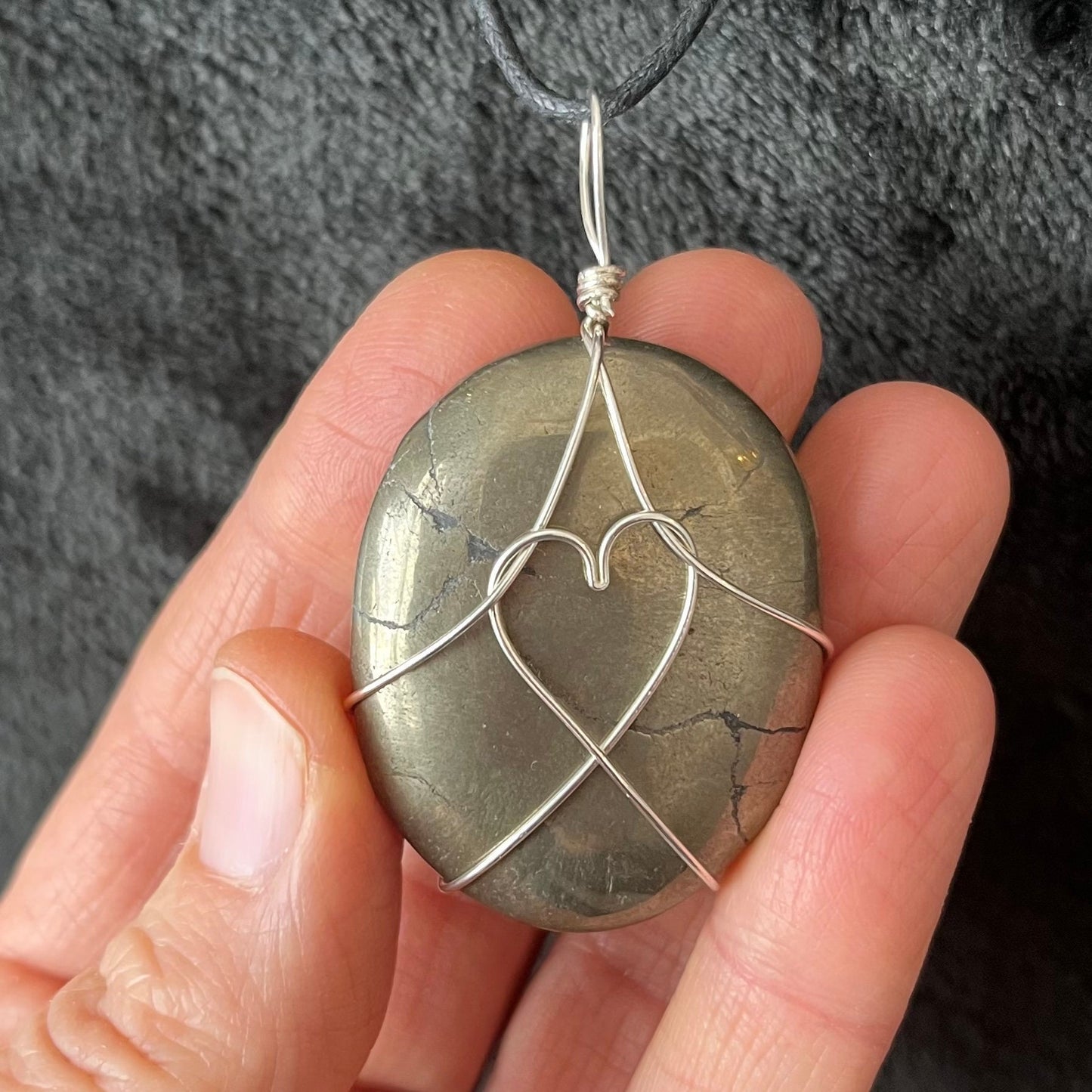 Pyrite Worry Stone Wire Wrapped Necklace with Heart NCK-2958