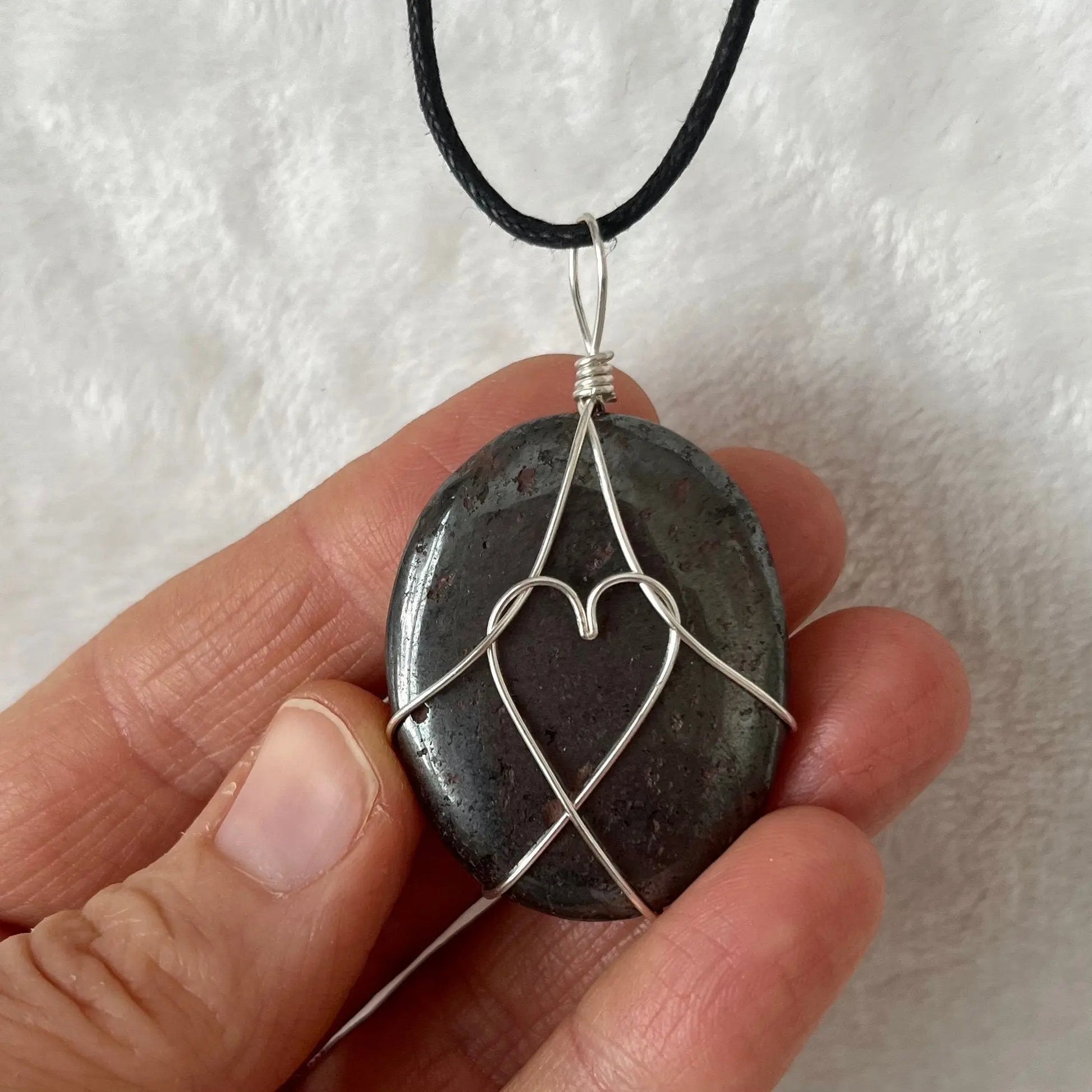 Hematite Worry Stone Wire Wrapped Necklace with Heart NCK-2979 Shop Wholesale Crystals