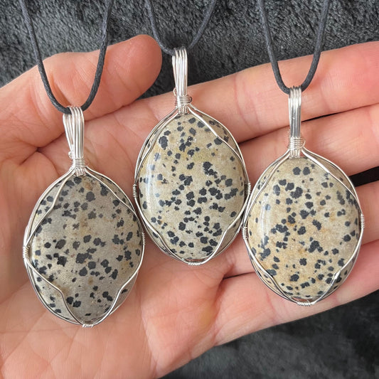 Dalmatian Jasper Worry Stone Wire Wrapped Necklace NCK-2966