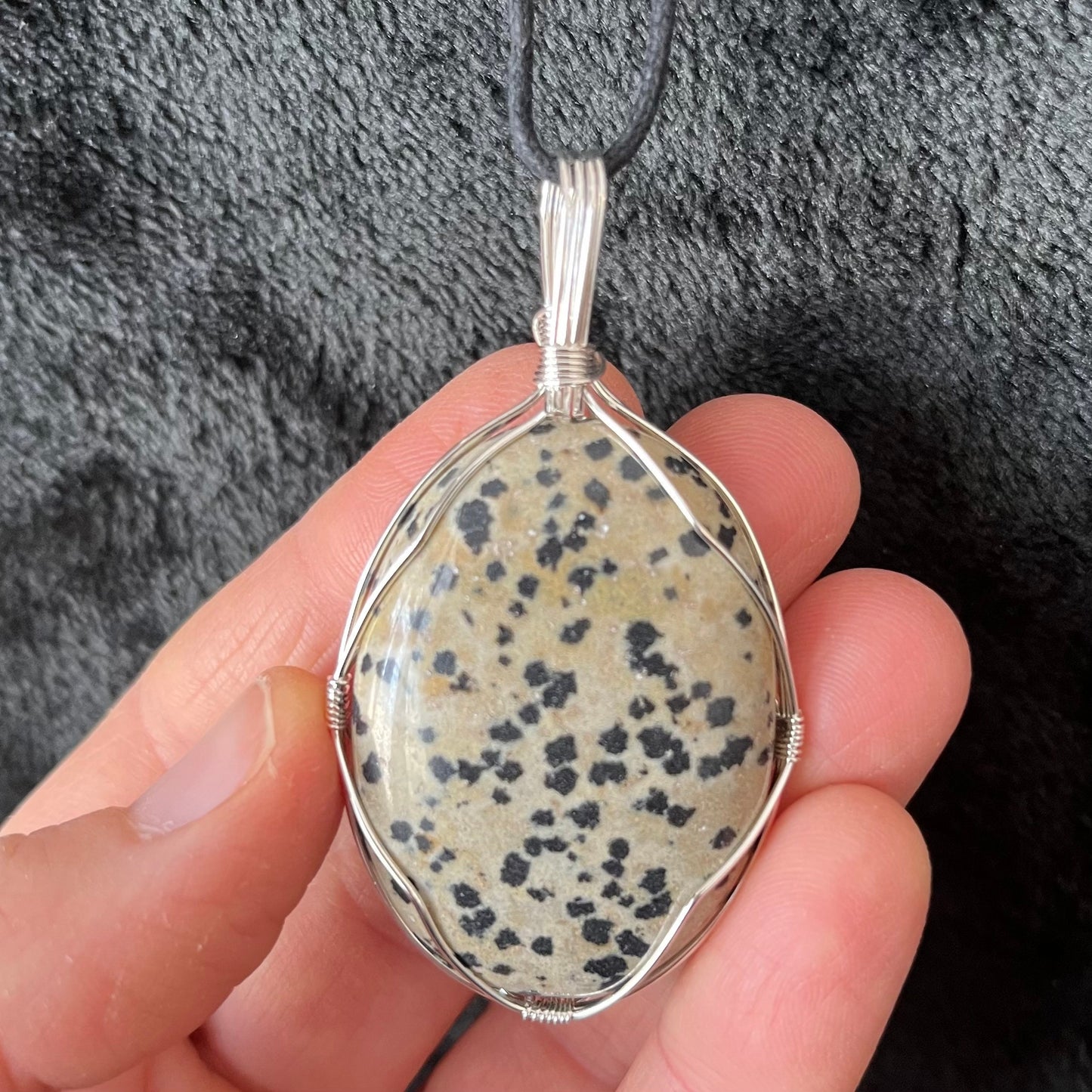 Dalmatian Jasper Worry Stone Wire Wrapped Necklace NCK-2966