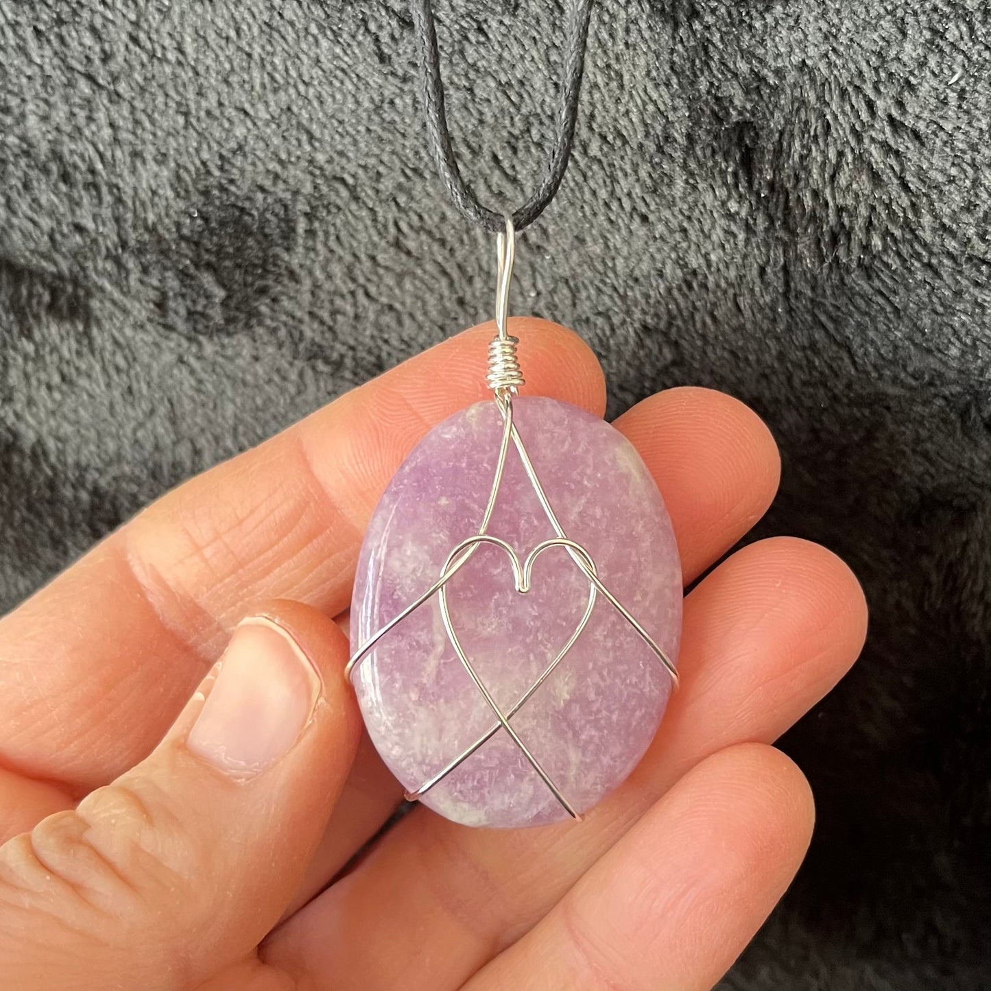 Lepidolite Worry Stone Wire Wrapped Necklace, with Heart NCK-2987