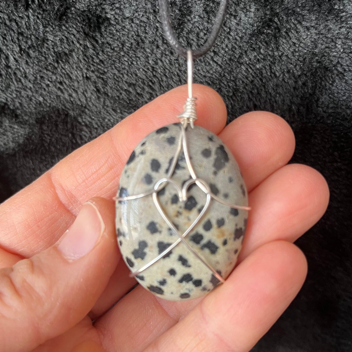 Dalmatian Jasper Worry Stone Wire Wrapped Necklace, with Heart NCK-2965