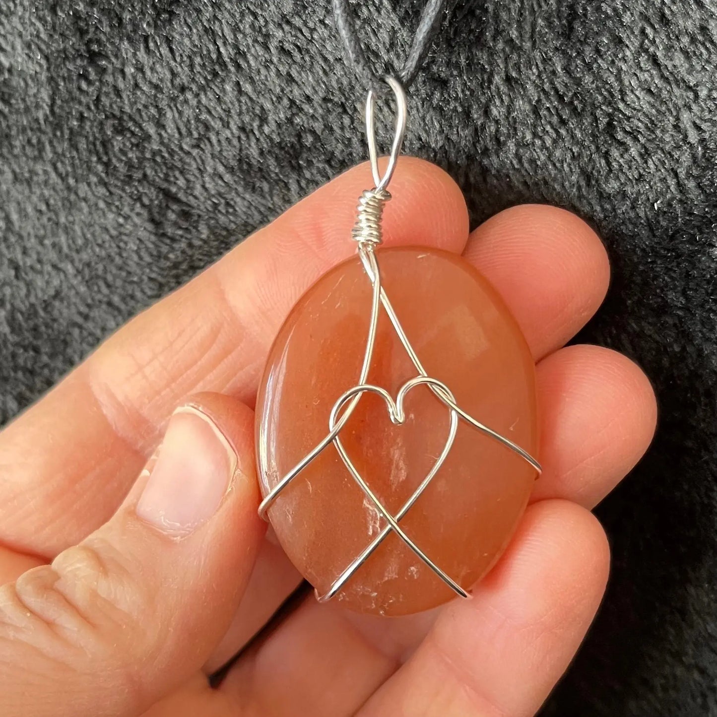 Orange Aventurine Worry Stone Wire Wrapped Necklace, with Heart NCK-2969 Shop Wholesale Crystals