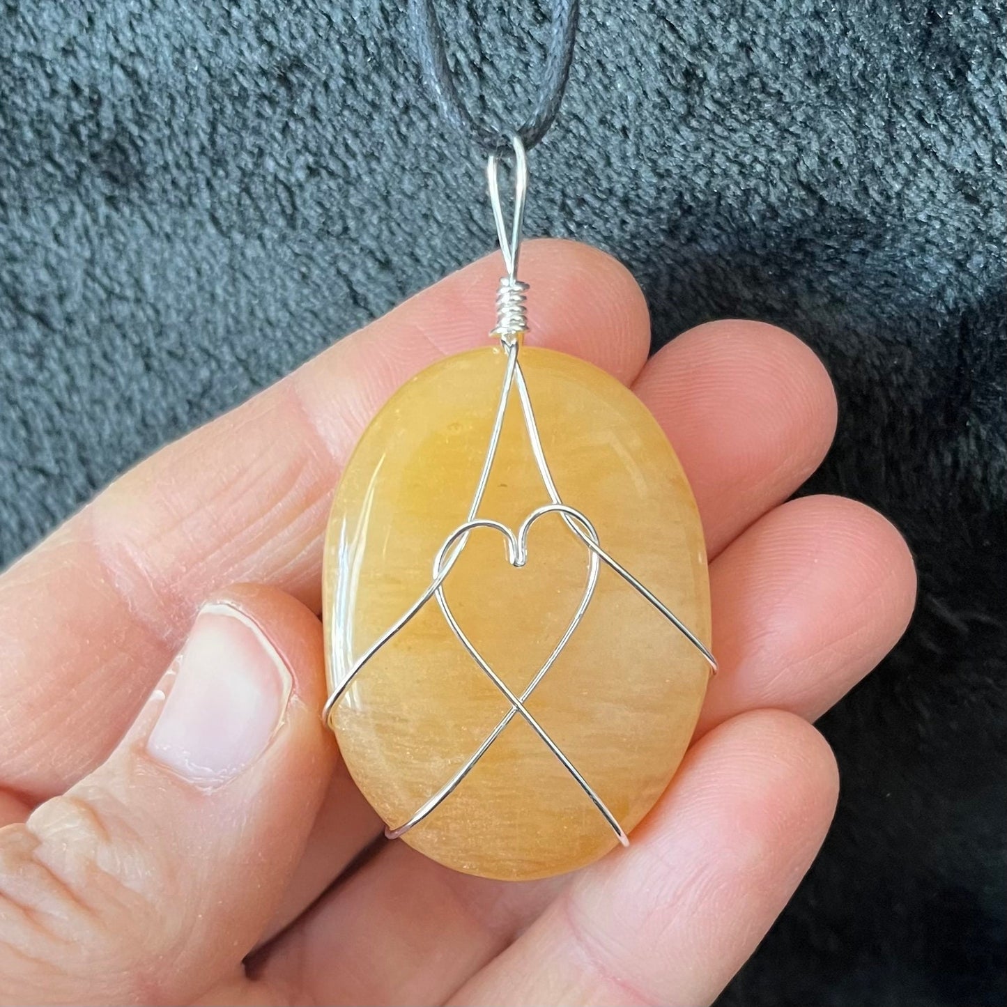 Yellow Aventurine Worry Stone Wire Wrapped Necklace, with Heart NCK-2967