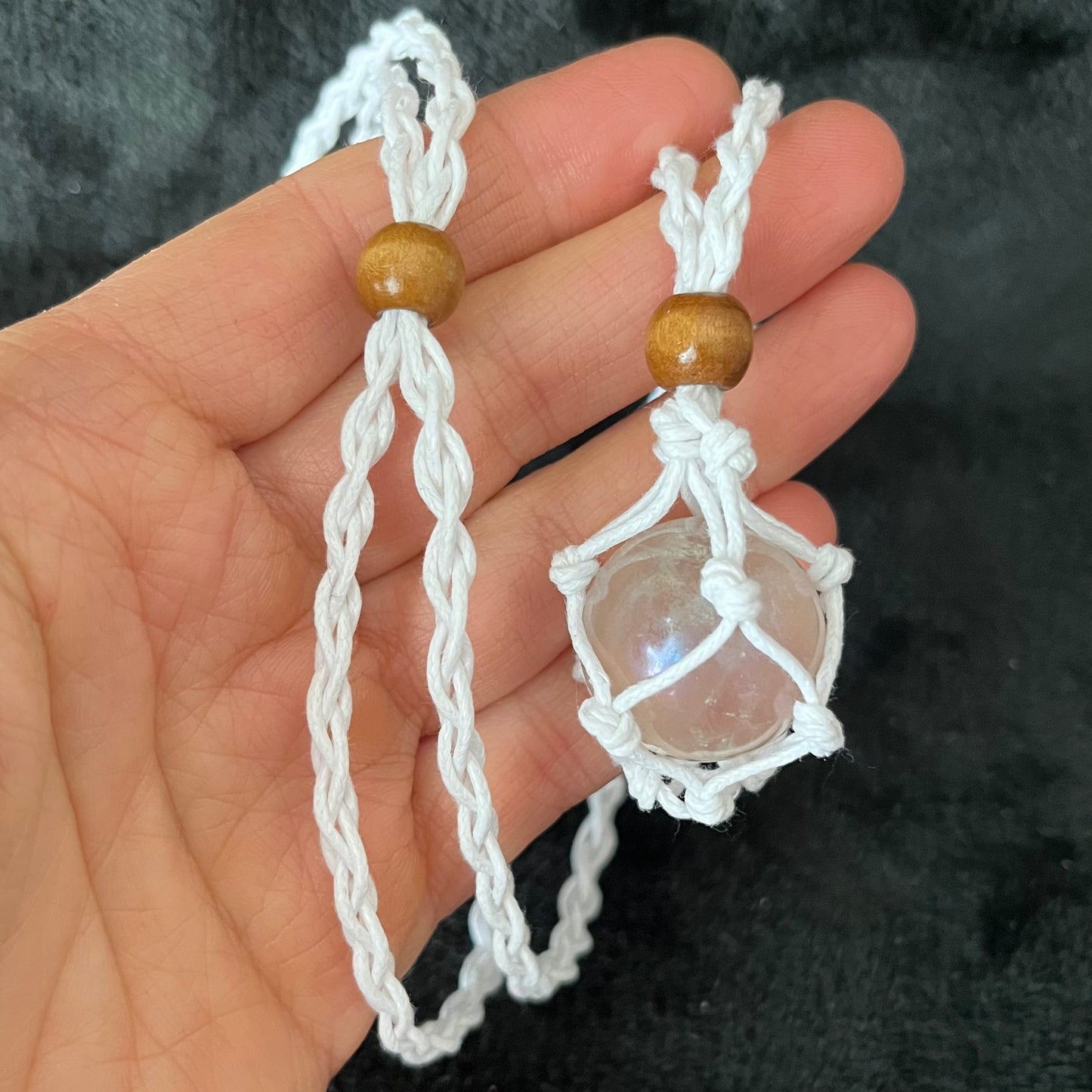 White Macrame Crystal Pouch Necklace, Adjustable (crystal not included) NCK-2989