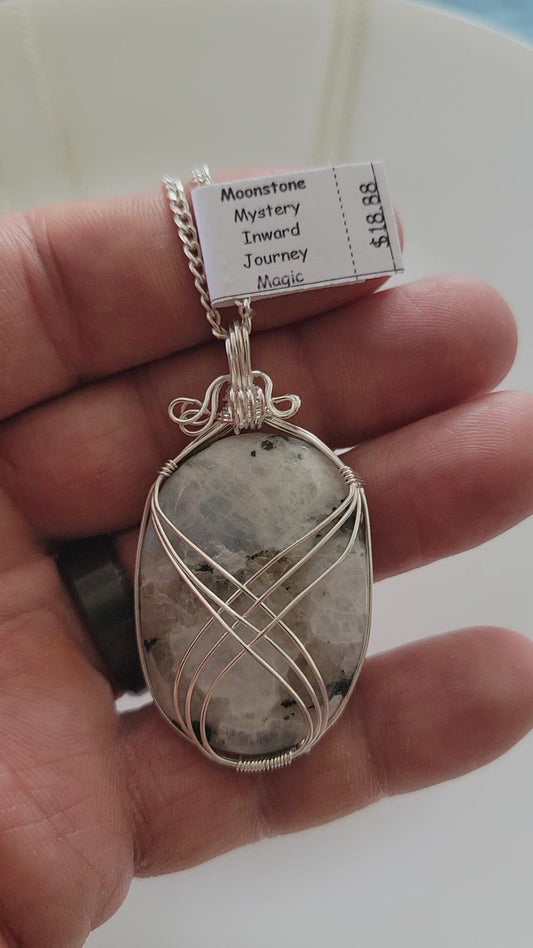 Rainbow Moonstone, Fancy Wrap, Hand Made, Wire Wrapped Necklace WN-0037