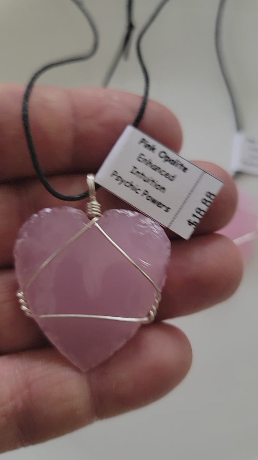 Pink Opalite Knapped Heart, Hand Made, Wire Wrapped Necklace WN-0007