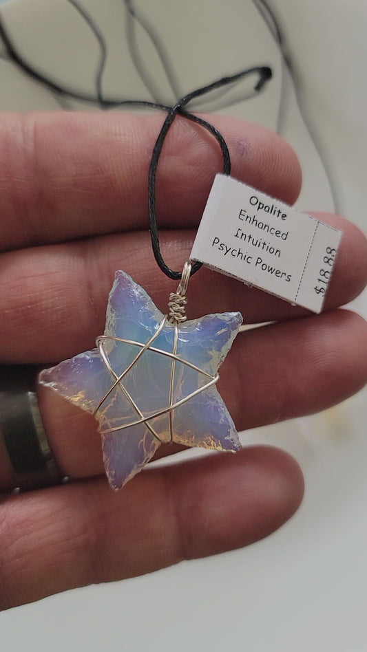Opalite Knapped Star Wire Wrapped Necklace, Handmade WN-0003