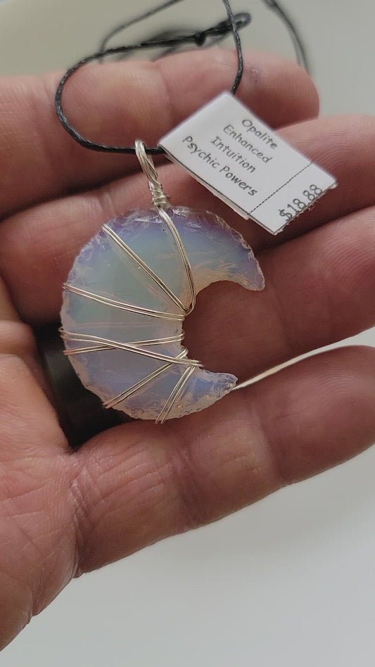 Opalite Knapped Moon, Hand Made, Wire Wrapped Necklace WN-0006