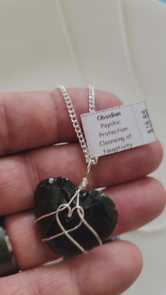 Black Obsidian Knapped Heart Wire Wrapped Necklace, Handmade WN-0009