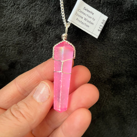 Pink Aura Selenite Point Wire Wrapped Necklace WN-0139